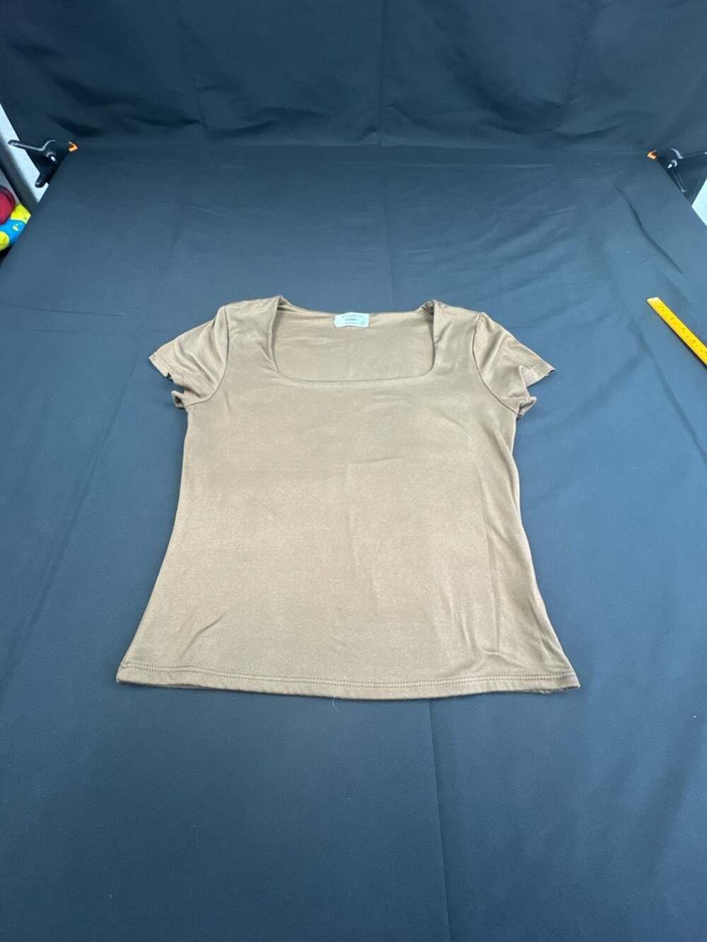Electric Behaviour Brown Square Neck Short Sleeve Fitted Top Size L